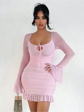 Fashion Nova Blush Pink Ruched Mini Dress with Bell Sleeves
